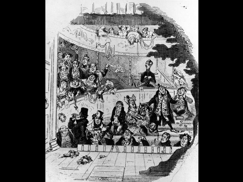 circa 1839:  A scene from Nicholas Nickleby by Charles Dickens.  A cheering  audience are throwing floral bouquets on to a stage.   Illustration - Phiz  (Photo by Hulton Archive/Getty Images)