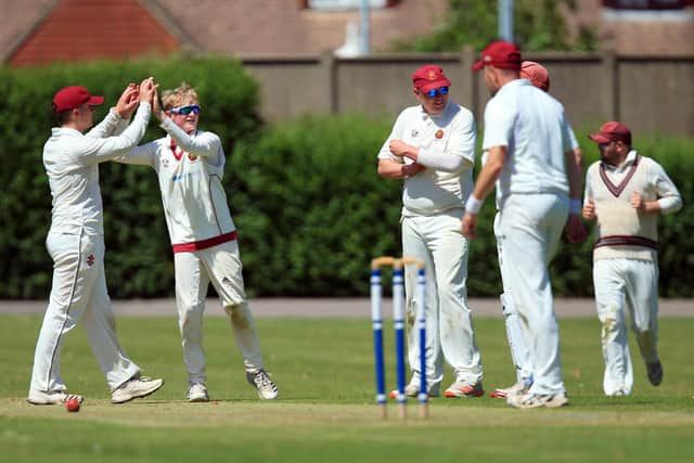 Havant's Matt Hayward, 15, second left, celebrates taking a Gosport Borough wicket.
Picture: Chris Moorhouse