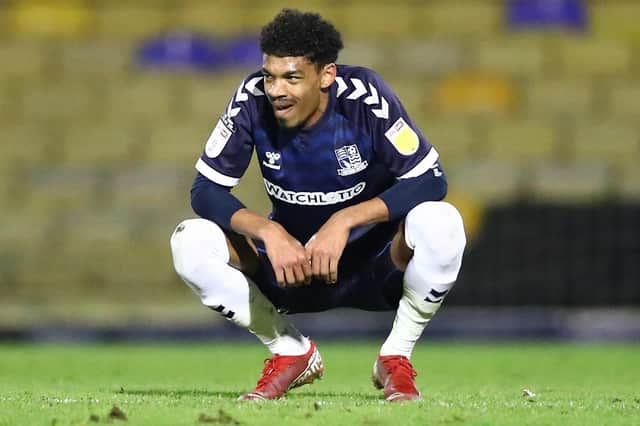 SOUTHEND, ENGLAND - MARCH 23: Reeco Hackett-Fairchild of Southend United looking dejected after the Sky Bet League Two match between Southend United and Walsall at Roots Hall on March 23, 2021 in Southend, England. Sporting stadiums around the UK remain under strict restrictions due to the Coronavirus Pandemic as Government social distancing laws prohibit fans inside venues resulting in games being played behind closed doors. (Photo by Jacques Feeney/Getty Images)