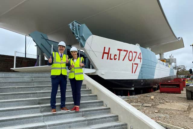 The Lord Mayor of Portsmouth, Cllr Rob Wood, and Lady Mayoress, Debbie Wood, enjoyed a sneak peek of LCT 7074 landing craft tank at The D-Day Story ahead of its official public opening later in the year.