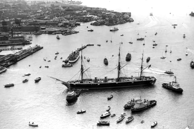HMS Warrior arriving in Portsmouth in 1987. The News PP5391
