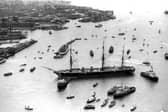HMS Warrior arriving in Portsmouth in 1987. The News PP5391