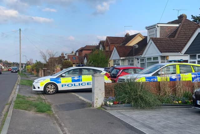 Police presence in The Crossway, Portchester, this evening (April 18). Officers attended the address yesterday after a report of the sudden death of a woman. A man has been arrested on suspicion of murder.
