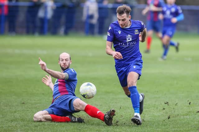 Tom Jeffes, left, was sent off for third time this season as US Portsmouth crashed to a 5-0 loss at Blackfield. Picture: Paul Collins.