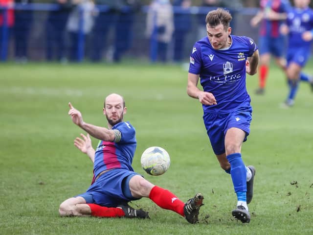 Tom Jeffes, left, was sent off for third time this season as US Portsmouth crashed to a 5-0 loss at Blackfield. Picture: Paul Collins.