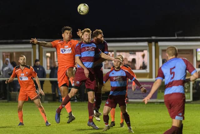 Goalmouth action during Portchester's home loss to Hamworthy. Picture: Keith Woodland