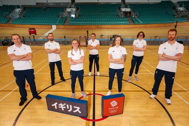 Members of Great Britain cycling team (from left) Jason Kenny, Declan Brooks, Laura Kenny, Katy Marchant, Charlotte Worthington, Katie Archibald and Ed Clancy pose for a photo to mark the official announcement of the cycling team selected to Team GB for the Tokyo Olympics. Photo by Barrington Coombs/Getty Images for British Olympic Association.