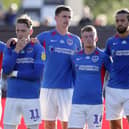 Cameron McGeehan (far right) is back in English football after three years in Belgium. His last match was the League One play-off semi-finals in July 2020, when he missed a Pompey penalty against Oxford United. Picture: Robin Jones/Getty Images