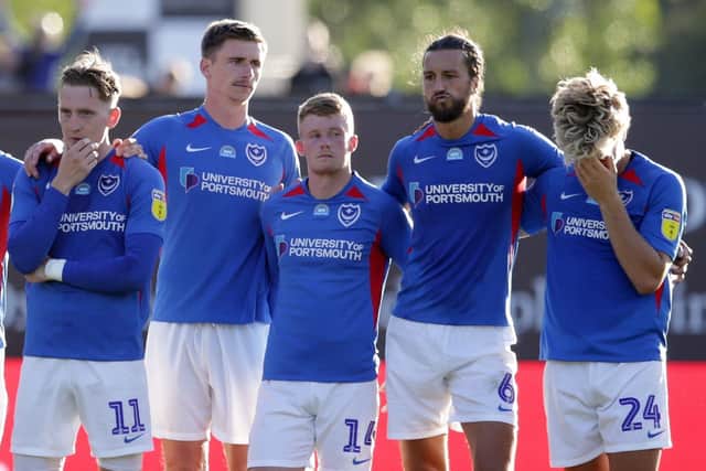 Cameron McGeehan (far right) is back in English football after three years in Belgium. His last match was the League One play-off semi-finals in July 2020, when he missed a Pompey penalty against Oxford United. Picture: Robin Jones/Getty Images