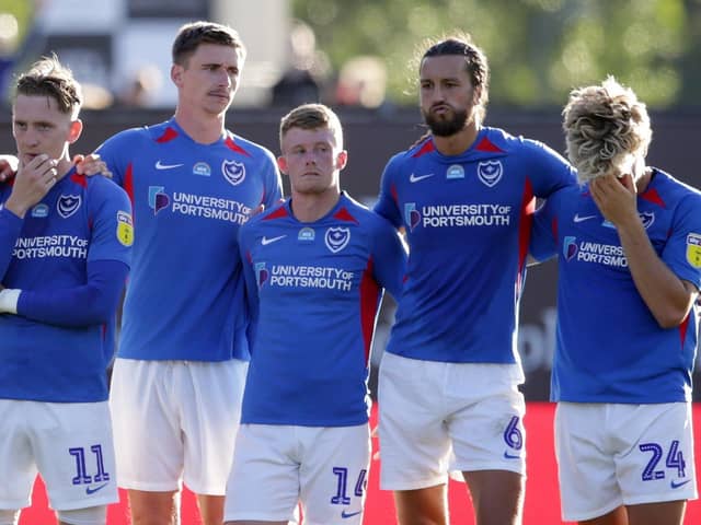 Cameron McGeehan (far right) is back in English football after three years in Belgium. His last match was the League One play-off semi-finals in July 2020, when he missed a Pompey penalty against Oxford United. Picture: Robin Jones/Getty Images
