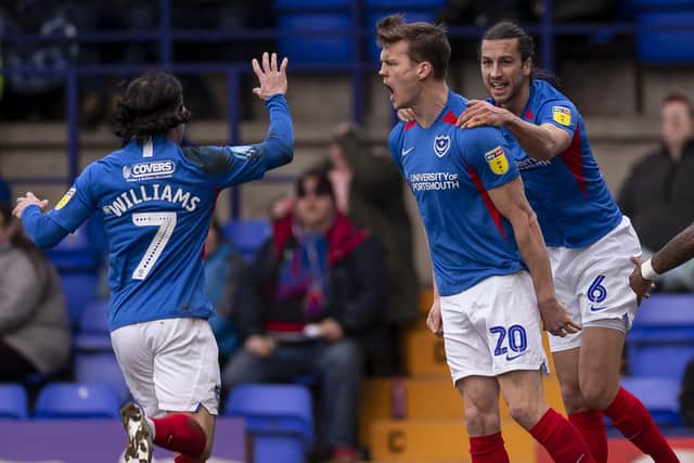 Sean Raggett celebrates scoring his maiden Pompey goal at Tranmere in February 2020. Picture: Daniel Chesterton/phcimages.com