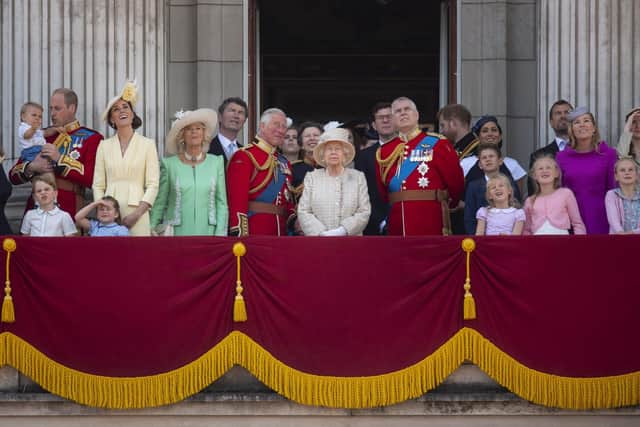 Queen Elizabeth II is joined by members of the royal family on the balcony of Buckingham Place to watch the flypast after the Trooping the Colour ceremony, as she celebrates her official birthday, June 2019. Picture by: Victoria Jones/PA Wire