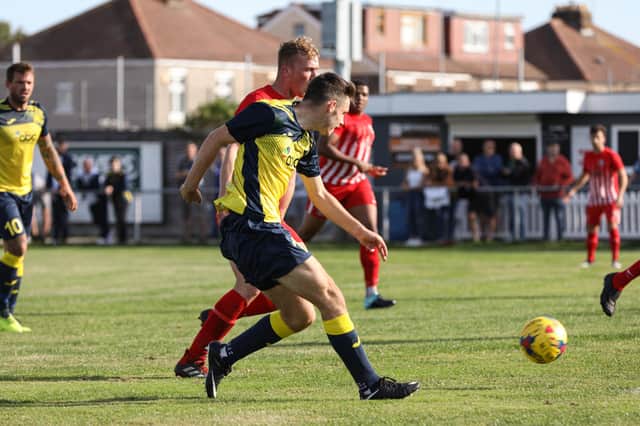 Tom Dinsmore, pictured in action for Moneyfields, netted in US Portsmouth's defeat at Brockenhurst. Picture: Chris Moorhouse (120920-33)
