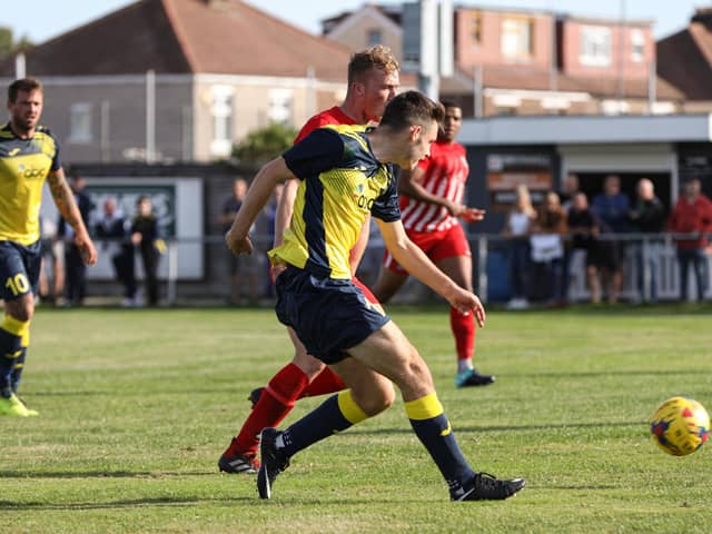 Tom Dinsmore, pictured in action for Moneyfields, netted in US Portsmouth's defeat at Brockenhurst. Picture: Chris Moorhouse   (120920-33)