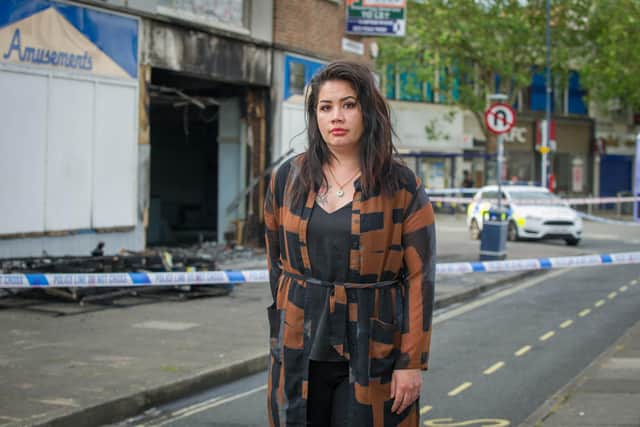 A derelict amusement centre has been badly damaged after a fire broke out on June 17, 2020.                     Pictured: Charisma Webster, owner of Vapour Room, next door to the burnt building.                Picture: Habibur Rahman