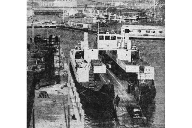The car ferry Freshwater berthed at the new slipway off East Street, Old Portsmouth, February 1961.