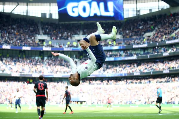 Lucas Moura celebrates after scoring against Huddersfield at the Tottenham Hotspur Stadium in April 2019. Picture: Julian Finney/Getty Images.