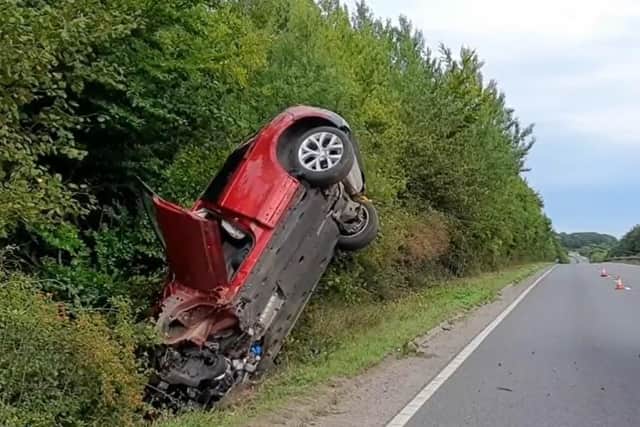 Police removed a wrecked Range Rover from a ditch in Andover after the driver swerved to avoid an animal. Picture: Hampshire Roads Policing Unit.