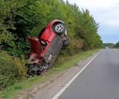 Police removed a wrecked Range Rover from a ditch in Andover after the driver swerved to avoid an animal. Picture: Hampshire Roads Policing Unit.