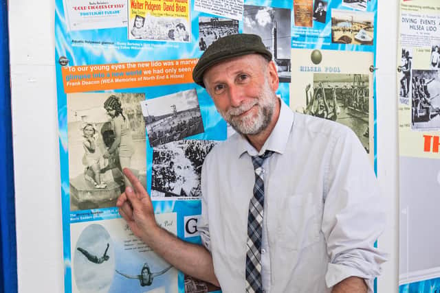 The display includes a picture of Mavis Sadden, now 92 and the mother of display creator John Sadden, taken at the Lido in 1938 when she was ten years old. Picture: Mike Cooter (090721)