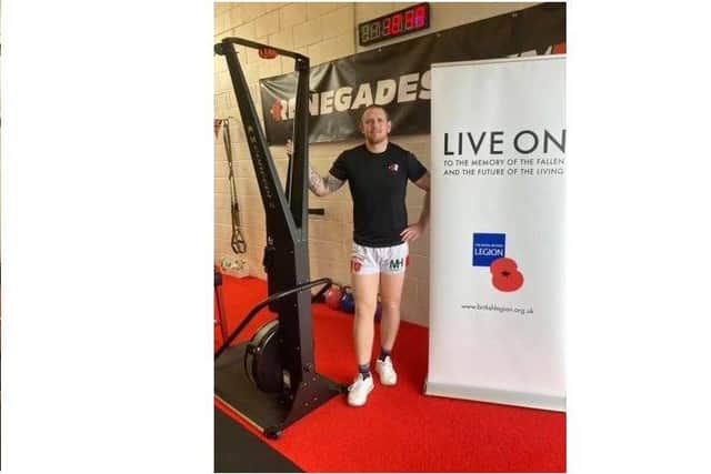 Dan Fallon pictured next to the SkiErg machine on the opening day of his 11-day marathon bid.