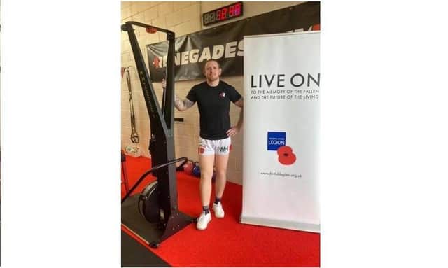 Dan Fallon pictured next to the SkiErg machine on the opening day of his 11-day marathon bid.