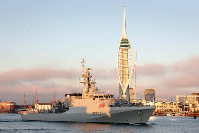 Offshore patrol ship HMS Tamar pictured leaving Portsmouth on December 31, 2020.