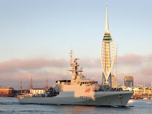 Offshore patrol ship HMS Tamar pictured leaving Portsmouth on December 31, 2020.
