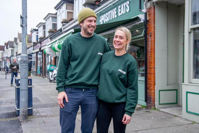 Owners Laurence and Lyndsay Groves outside Positive Eats. Picture: Habibur Rahman