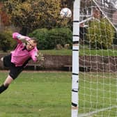 The Prospect Farm Rangers keeper is beaten, but this Bedhampton Village shot is about to hit the woodwork. Picture by Kevin Shipp