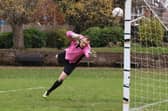 The Prospect Farm Rangers keeper is beaten, but this Bedhampton Village shot is about to hit the woodwork. Picture by Kevin Shipp