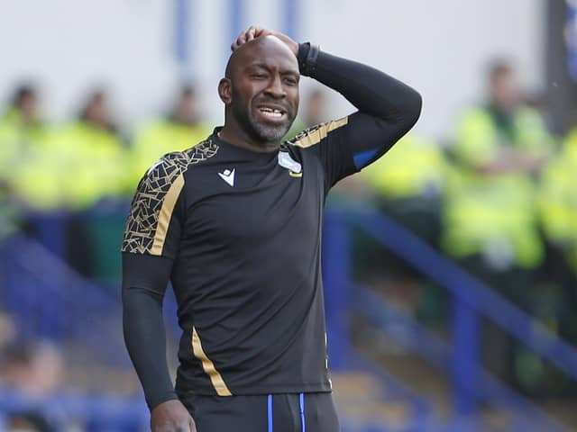 Sheffield Wednesday Manager Darren Moore  (m)  during the EFL Sky Bet League 1 match between Sheffield Wednesday and Portsmouth at Hillsborough, Sheffield, England on 30 April 2022.
