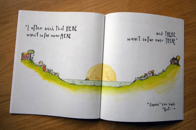 Kim Gregory from Cosham wrote and illustrated a lockdown-inspired children's book to help children with being apart from friends and family. Pictured: An extract from Here and There
