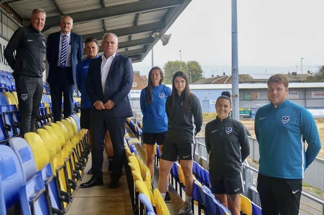 Pompey and Hawks officials - including respective managers Kenny Jackett and Paul Doswell, as well as Pompey Women boss Jay Sadler and some of his players - at Westleigh Park. Pic: Kieron Louloudis.