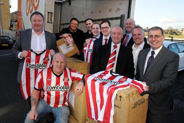 This was such a big-hearted gesture in 2012. Gary Lamb (front left) was pictured with sponsors who financed 500 Sunderland football shirts to be sent off to a Kenyan football team.