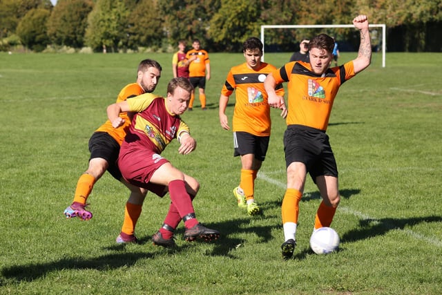 Bransbury Wanderers Reserves (orange/black) v Farlington Rovers. Picture by Kevin Shipp