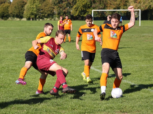 Bransbury Wanderers Reserves (orange/black) v Farlington Rovers. Picture by Kevin Shipp