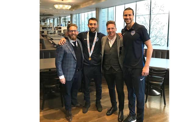 Agents Phil Korklin (far left) and Brian Howard (second right) pose with clients Ben Close and Christian Burgess after the 2019 Checkatrade Trophy final