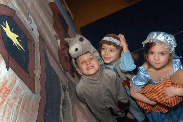 Mary and Joseph with their trusty donkey played by Jack Phillips, Georgie Brooks and Charlie Stendall.