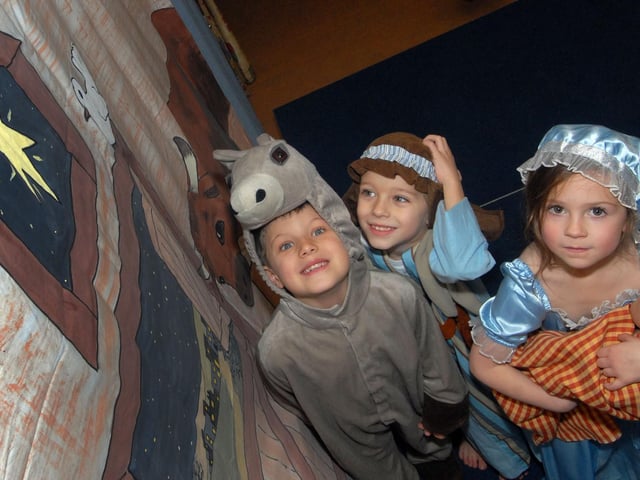 Mary and Joseph with their trusty donkey played by Jack Phillips, Georgie Brooks and Charlie Stendall.