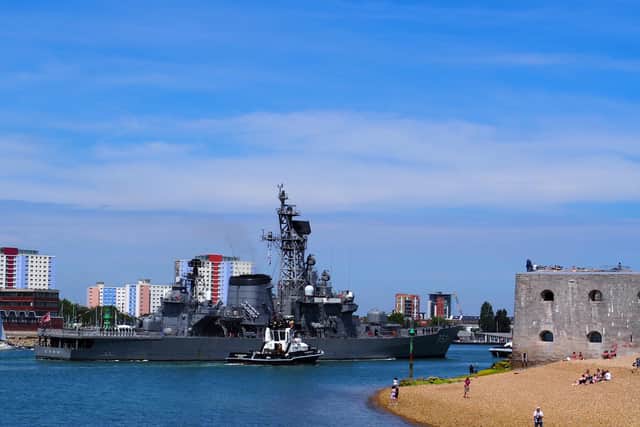 Guided-missile destroyer Shimakaze arrived at Portsmouth Naval Base on Tuesday for a five-day visit.  Photo: @RNPics_