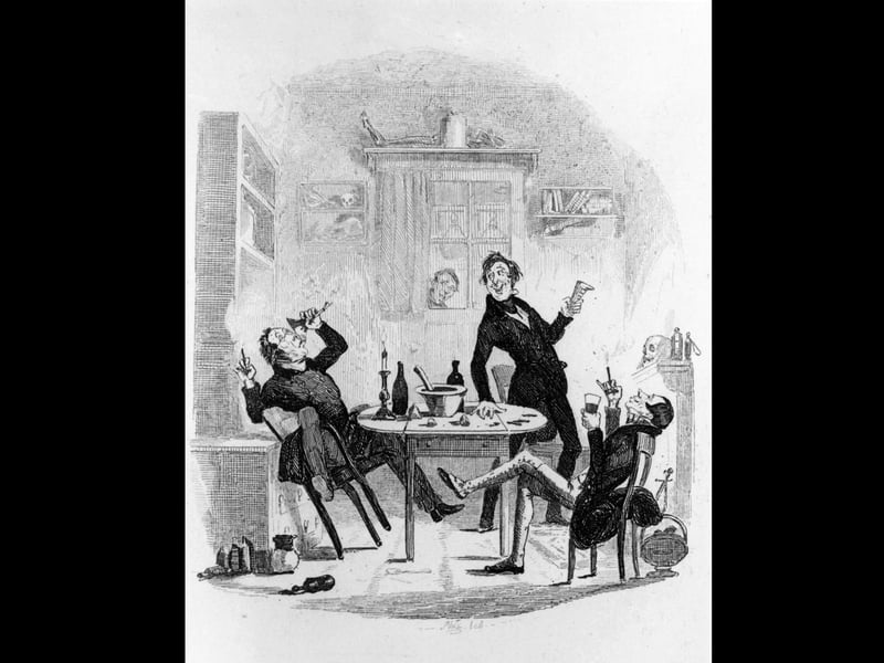 circa 1836:  Convivality at Bob Sawyers; three men enjoying a drink Original Publication: From medical glassware, skulls adorn the surounding shelves.  Illustration by Phiz from Pickwick Papers by Charles Dickens  (Photo by Hulton Archive/Getty Images)