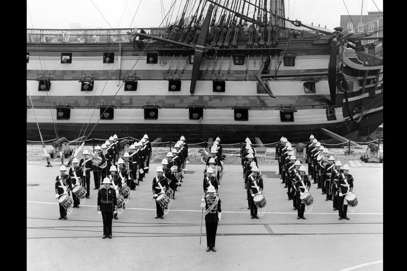 Royal Marine Band of the Commander in Chief Naval Home Command alongside HMS Victory in Her Majesty's Naval Base, Portsmouth, 1982.The News PP5161