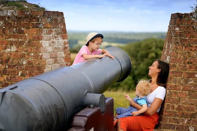 A family on the ramparts at Fort Nelson.