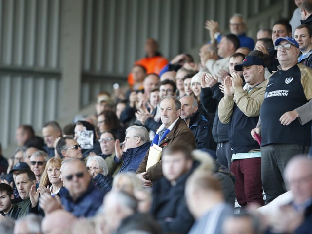 Portsmouth fans during the EFL Sky Bet League 1 match between Morecambe and Portsmouth at the Globe Arena, Morecambe, England on 12 November 2022.