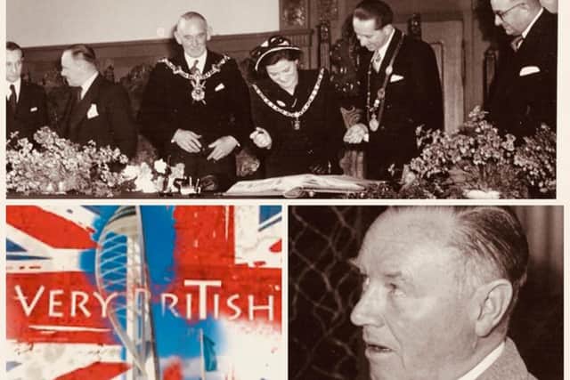 Portsmouth lord mayor and lady mayoress Sir Denis and Lady Peggy Daly seal the twinning agreement with the lord mayor of Duisburg August Seeling on April 12, 1951. Bottom right: Captain Colin Hutchinson who masterminded the twinning. Pictures: Duisburg City Archives. Collage: Küst.