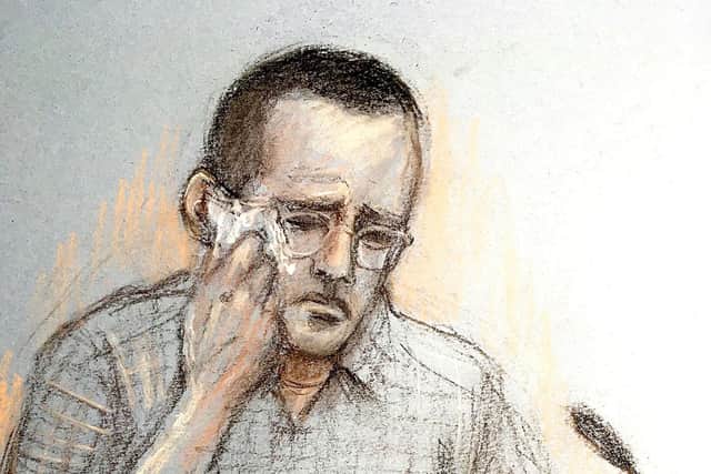 Court artist sketch by Elizabeth Cook of Timothy Brehmer, whilst becoming emotional giving evidence, in his trial at Salisbury Crown Court. 

Elizabeth Cook/PA Wire
