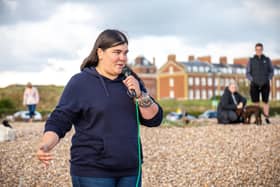 Organiser Sarah Shreeve  addresses Stop the Sewage's first protest in October, when hundreds gathered at Southsea Beach to protest Southern Water's pollution record. Picture: Mike Cooter (161021)