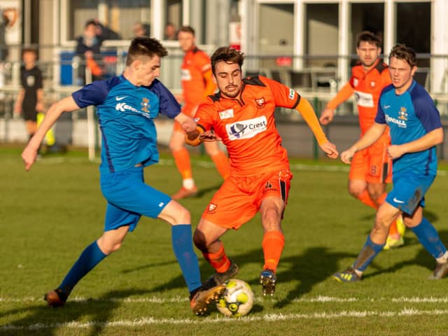 Tommy Tierney, left, grabbed a dramatic late Wessex League Cup winner for Baffins at Brockenhurst. Picture: Vernon Nash
