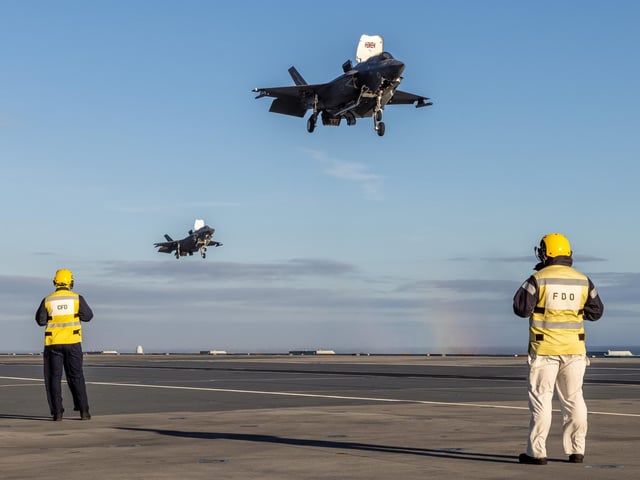 A day after sailing from Portsmouth, 8 F35-B Lightning Jets from RAF Marham embarked on HMS Queen Elizabeth for Operation ACHILLEAN.Photographer: AS1 Natalie Adams